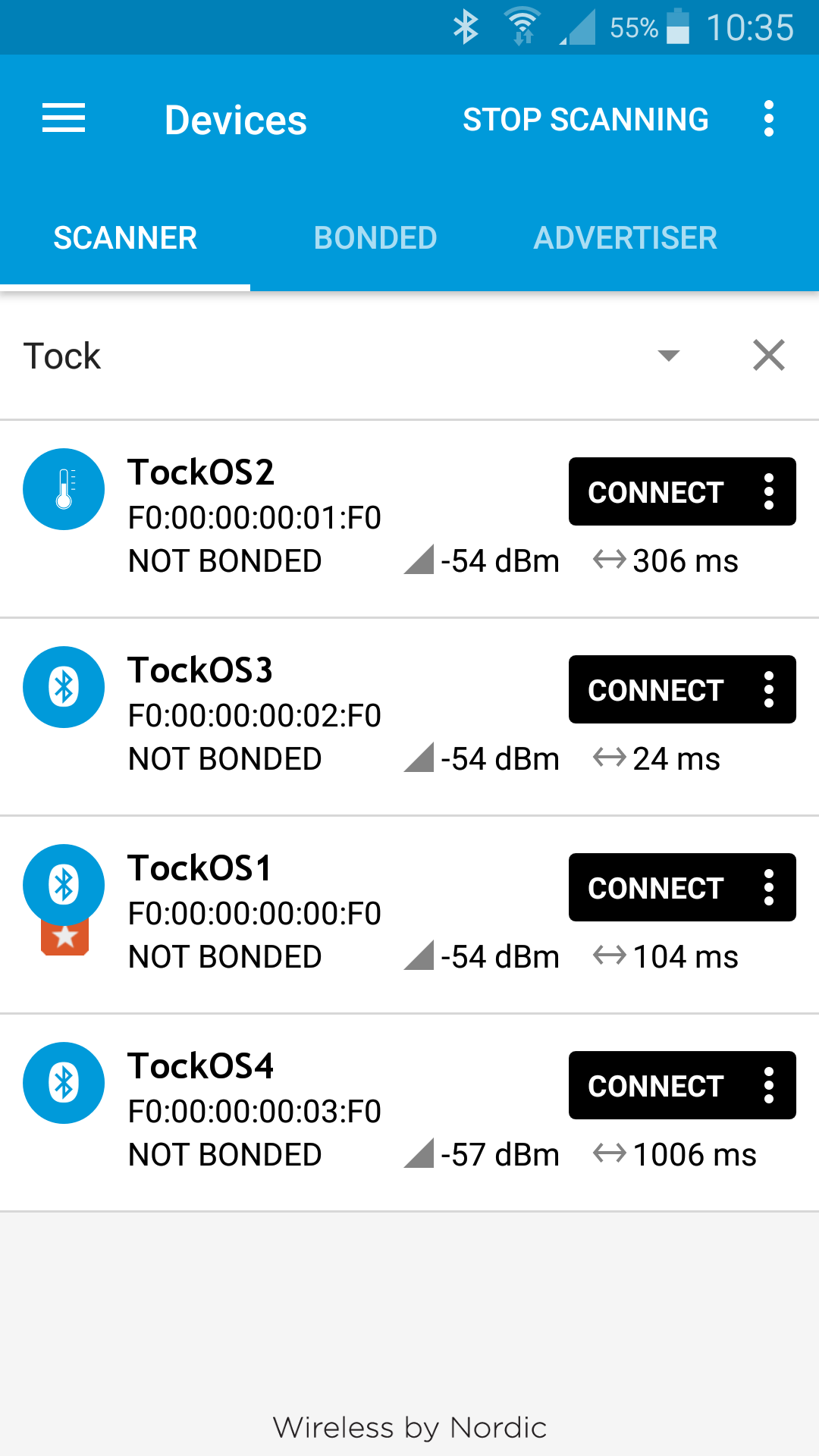 Four Tock processes, each advertising as a separate device. Picked up on an
Android phone